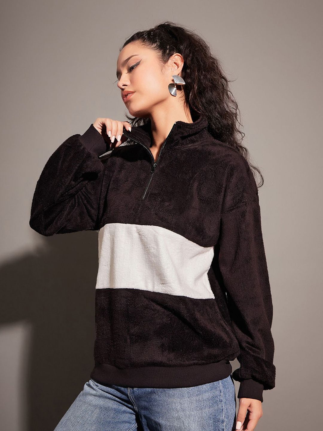 SASSAFRAS Black Colourblocked Mock Collar Sweatshirt