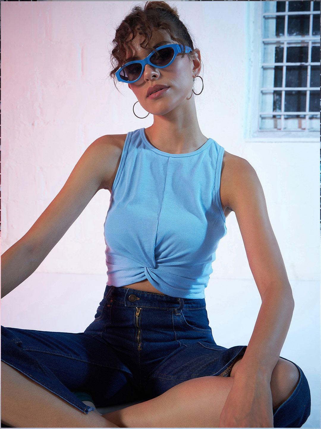 SASSAFRAS Blue Twisted Pure Cotton Fitted Crop Top