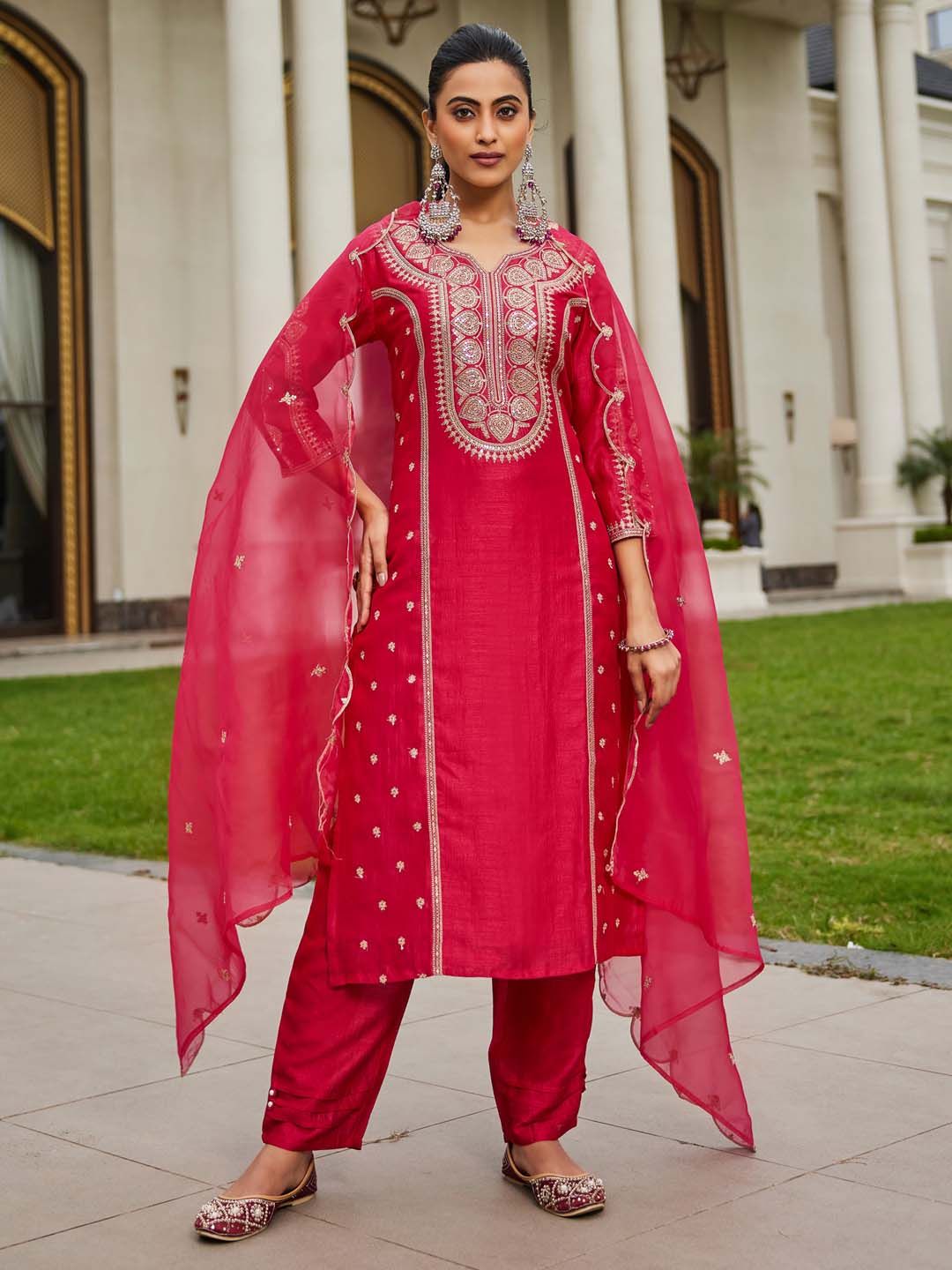 Indo Era Women Ethnic Motifs Embroidered Panelled Kurta with Trousers & With Dupatta