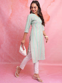 Vishudh Blue Striped V-Neck Tiga Lengan Lengan Kurta Kurta