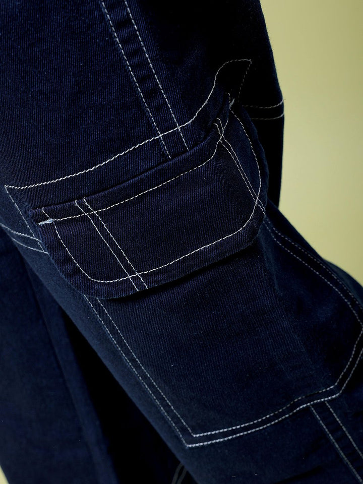 The Indian Garage Co Men Wide Leg Contrast Stitch Mid-Rise Cotton Cargo Jeans
