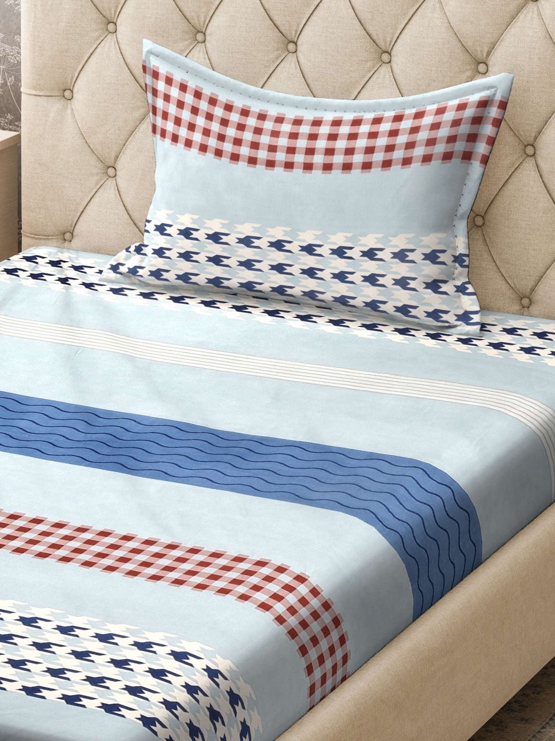 KLOTTHE Blue & Red Striped 300TC Single Bedsheet & 1 Pillow Covers