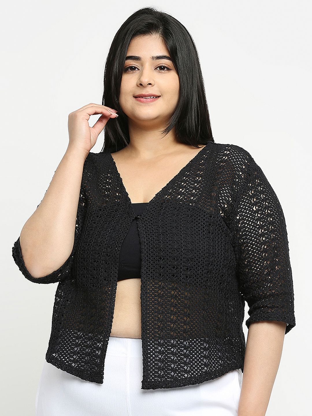 Style Quotient Plus Size Women Self Design Lace Open Front Smart Casual Shrug