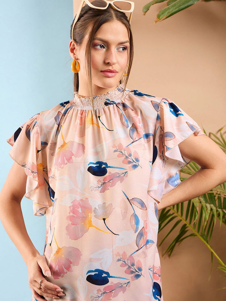 SASSAFRAS Floral Printed Flared Sleeve Smocked Top