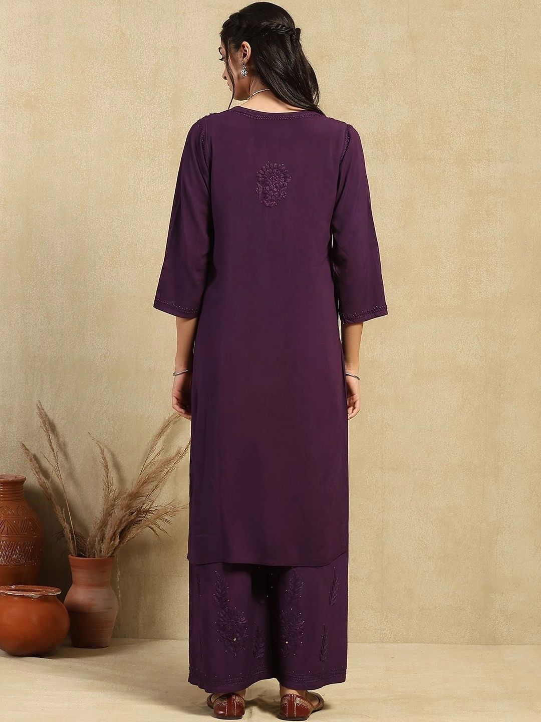 Rumah Chikankari Kurta Chikankari Biasa Wanita dengan Seluar