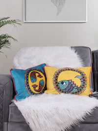 STITCHNEST Yellow & Blue 2 Pieces Ethnic Motifs Printed Velvet Rectangle Cushion Covers