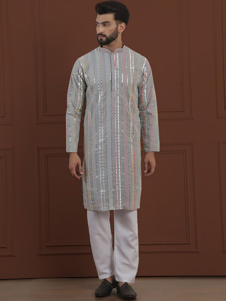 SOJANYA LUXE Striped Embroidered Mandarin Collar Straight Georgette Kurta & Pyjama