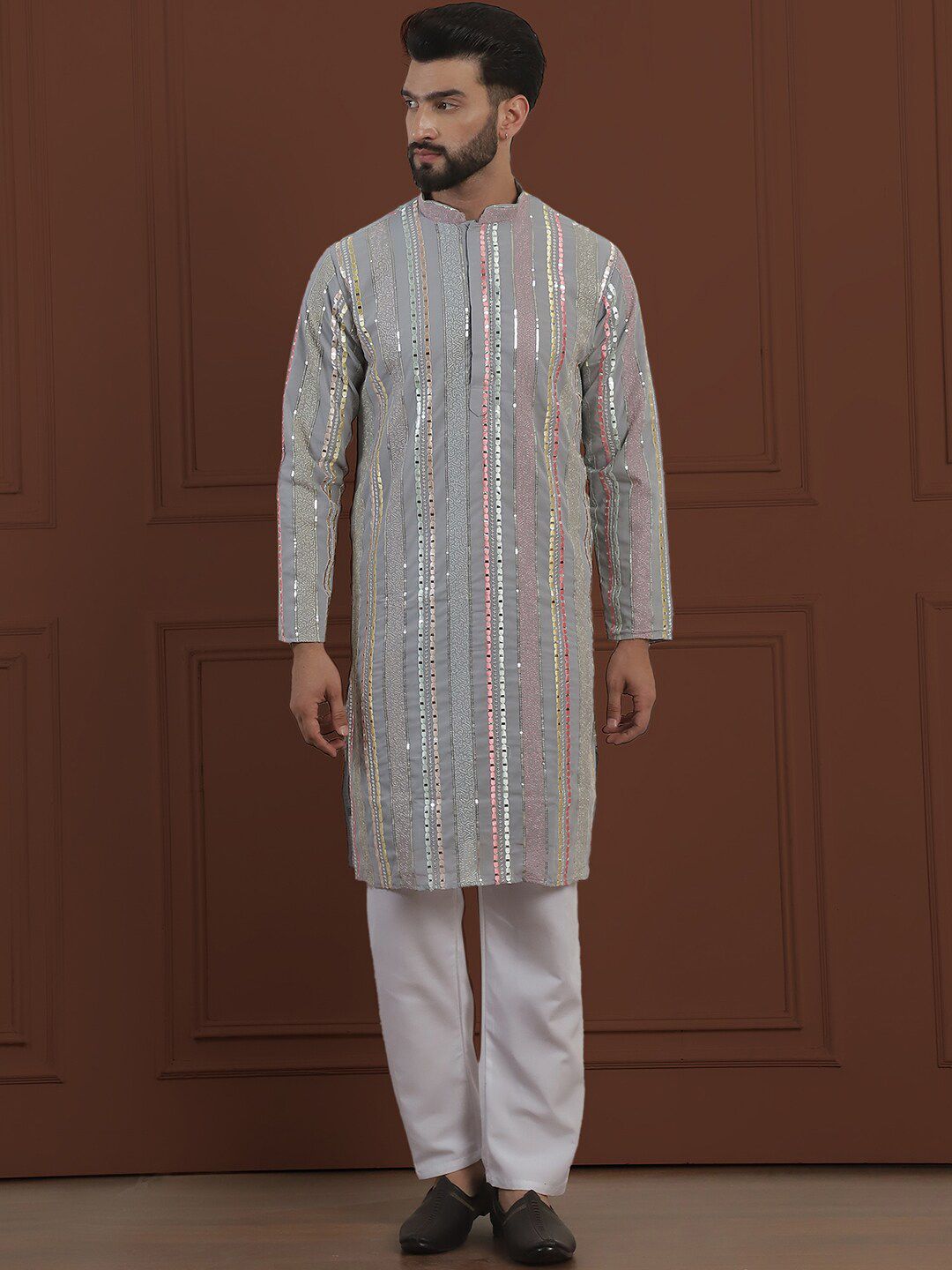 SOJANYA LUXE Striped Embroidered Mandarin Collar Straight Georgette Kurta & Pyjama
