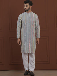 SOJANYA LUXE Striped Embroidered Mandarin Collar Straight Georgette Kurta & Pyjama