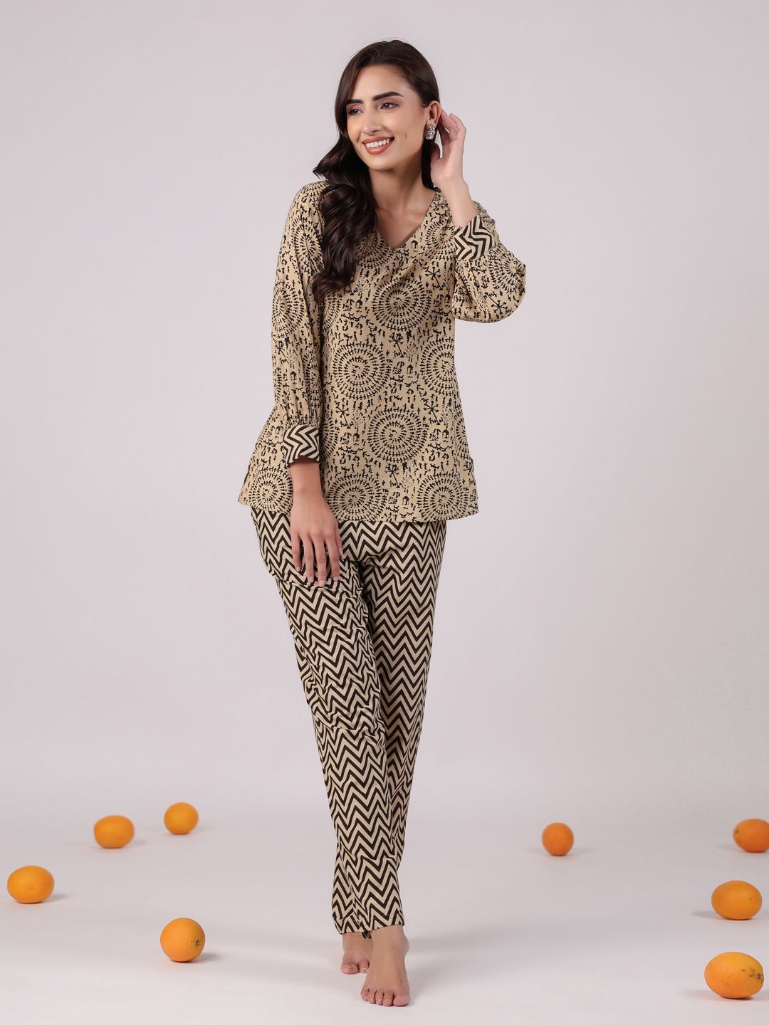 SANSKRUTIHOMES Printed V-Neck Pure Cotton Top With Trouser