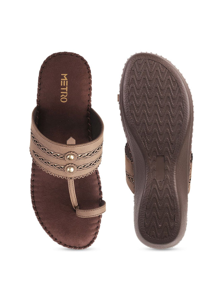 Metro Women Brown Embellished Open Toe Wedges with Laser Cuts