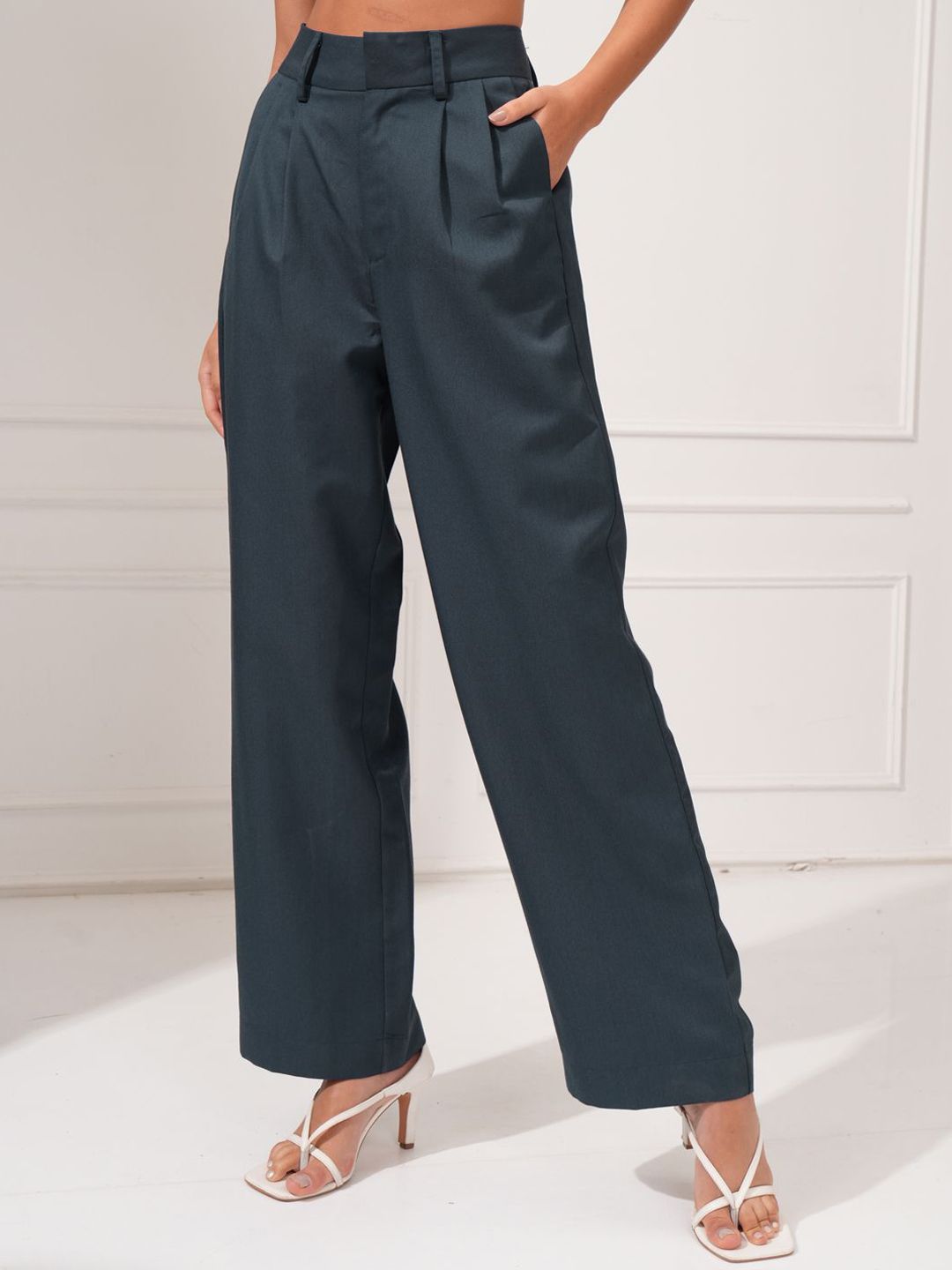 Tokyo Talkies Women Flared High-Rise Pleated Trousers