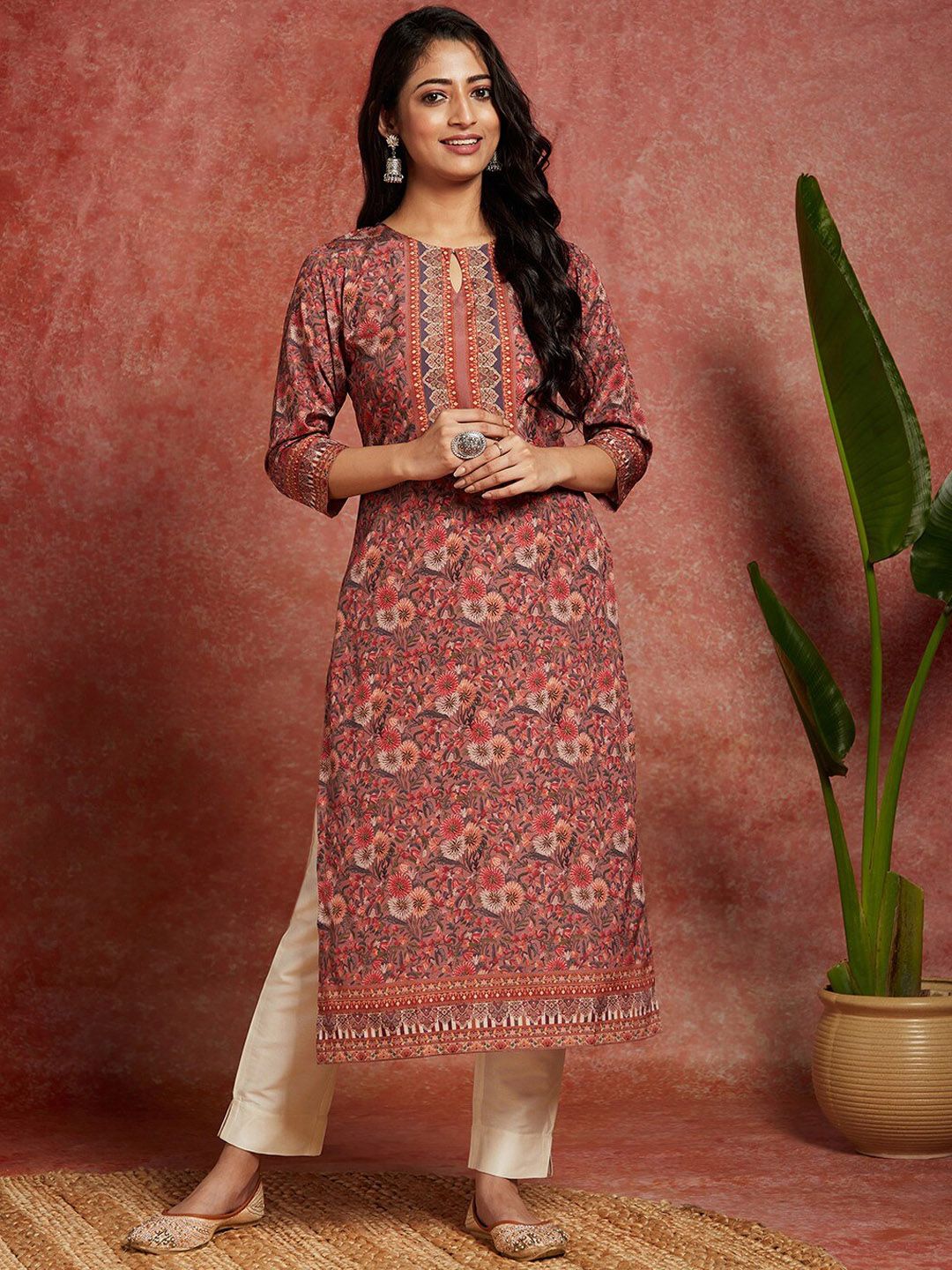 Libas Floral Printed Keyhole Neck Straight Kurta