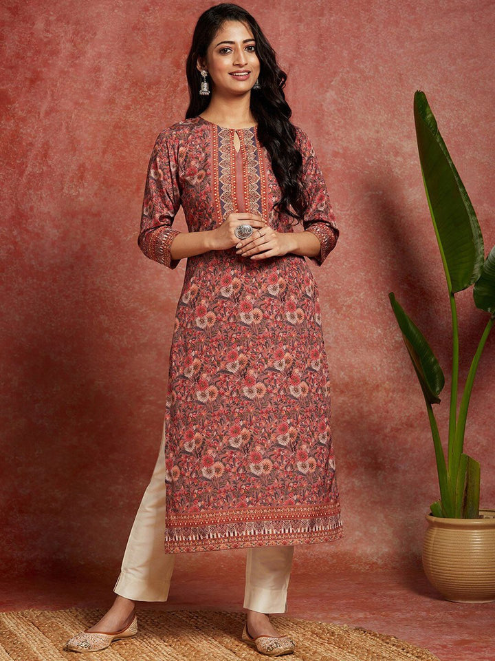 Libas Floral Printed Keyhole Neck Straight Kurta