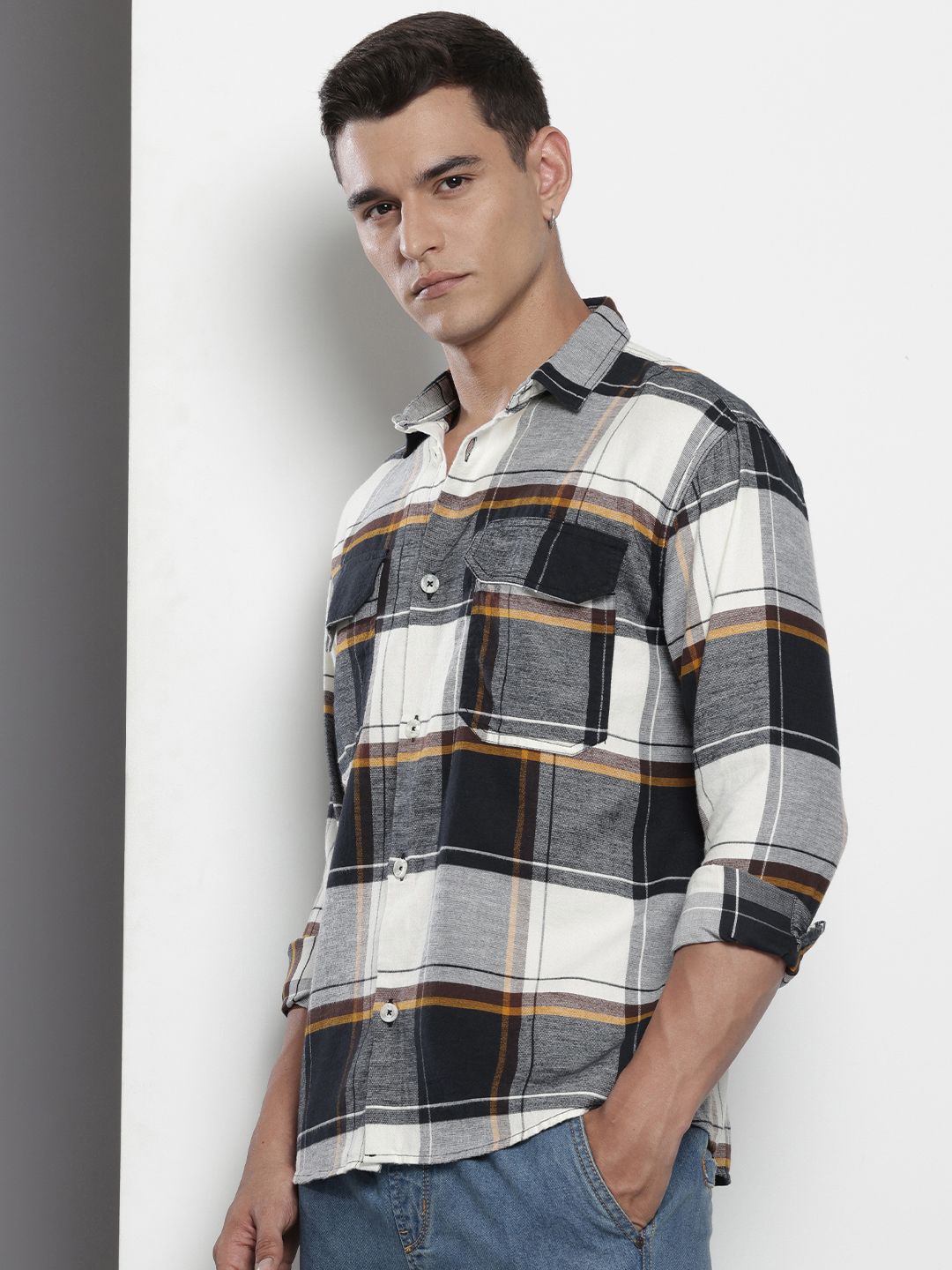 The Indian Garage Co Pure Cotton Checked Drop-Shoulder Sleeves Relaxed Fit Casual Shirt