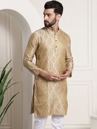 Sojanya Men Beige & Golden Ethnic Motifs Jacquard Kurta