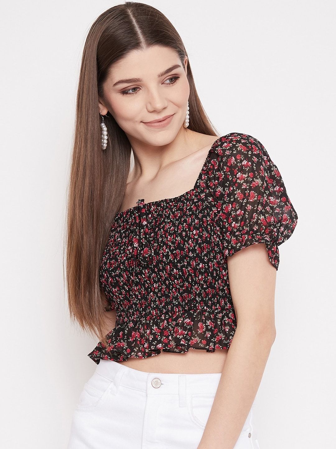 Berrylush Black Floral Smocked Crepe Blouson Crop Top