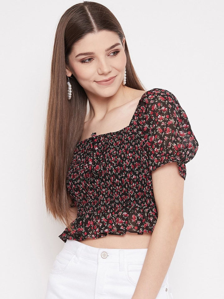 Berrylush Black Floral Smocked Crepe Blouson Crop Top