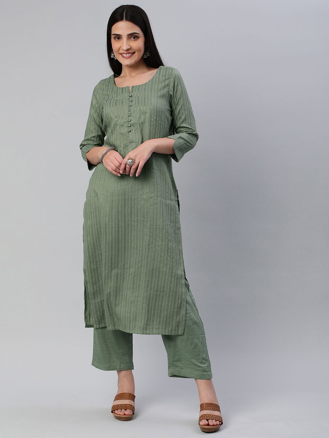 KALINI Women Self Design Pure Cotton Kurta With Trousers