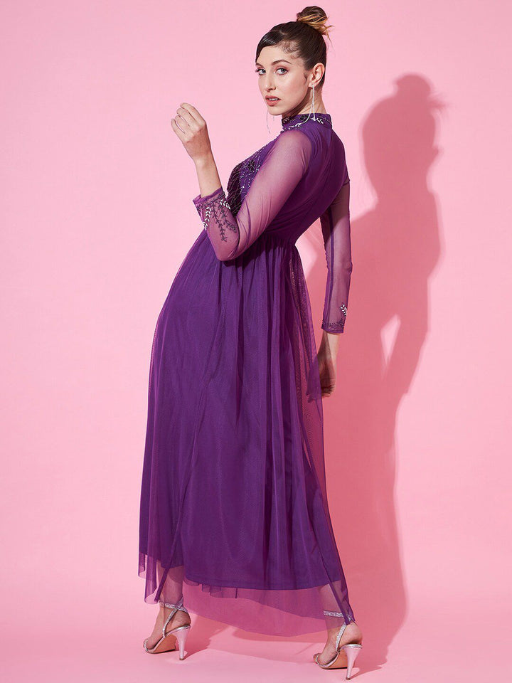 STREET 9 Purple Embellished Net Maxi Maxi Dress