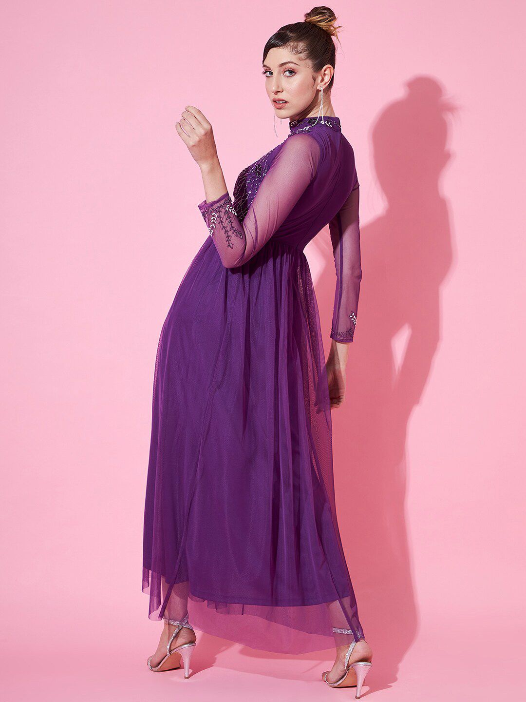 STREET 9 Purple Embellished Net Maxi Maxi Dress