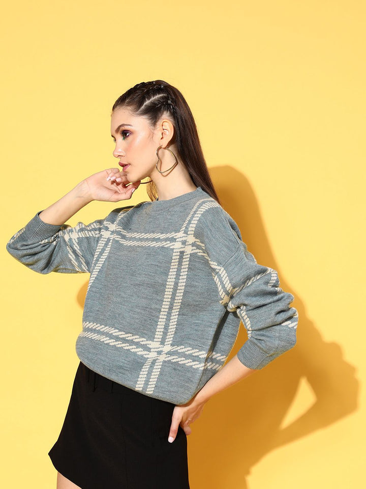 Berrylush Women Attractive Blue Checked Knits Bits Sweater