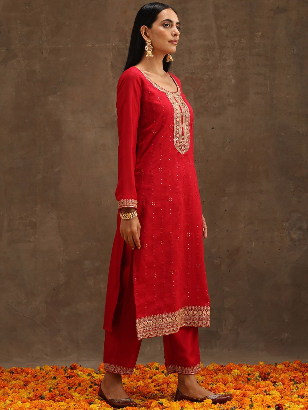 Libas Red & Gold-Toned Ethnic Motifs Embroidered Sequined Kurta with Trousers & Dupatta