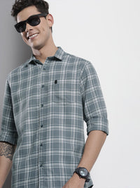 The Indian Garage Co Men Grey & White Checked Cotton Casual Shirt