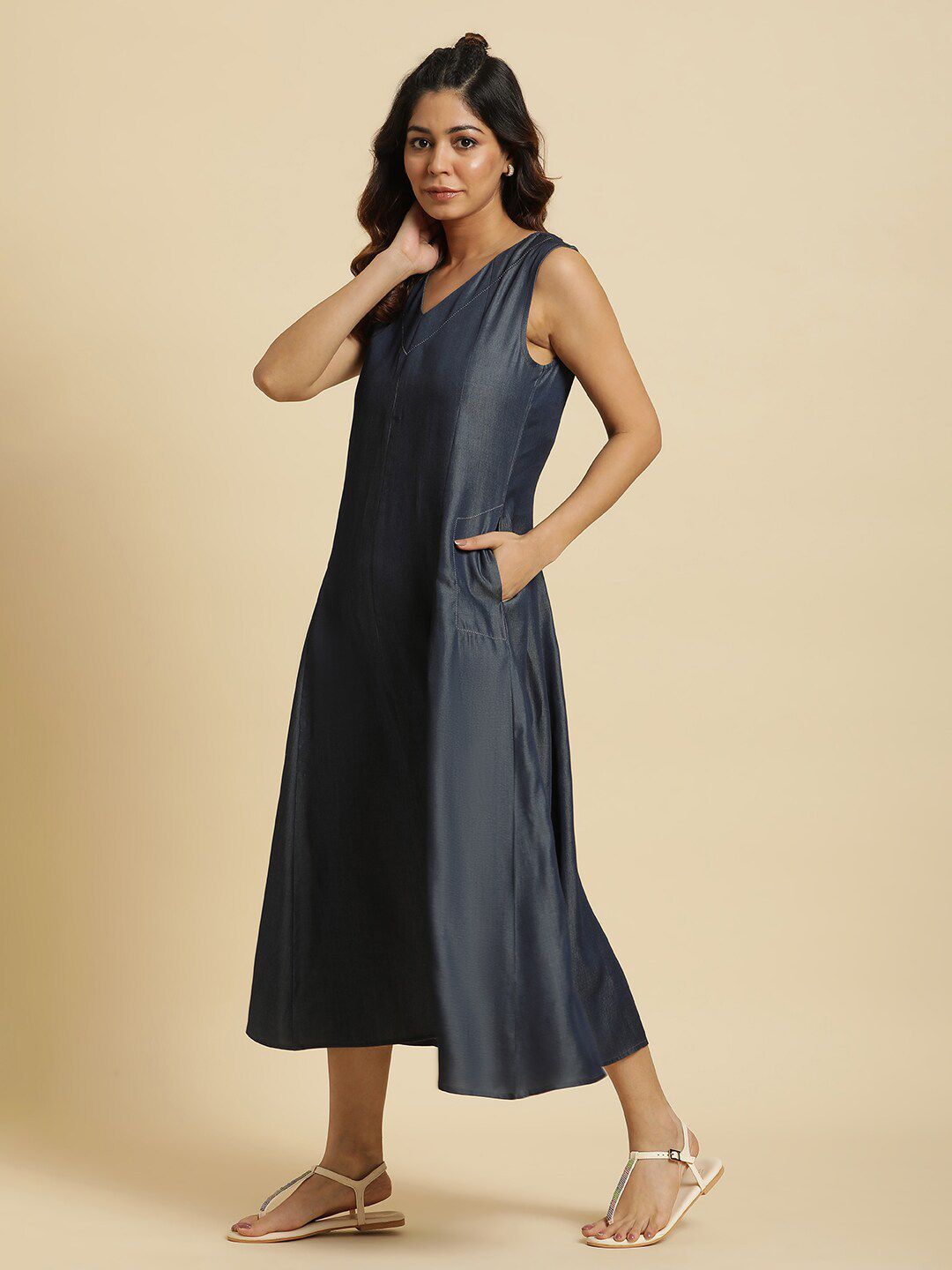 W V-Neck Denim A-Line Midi Dress