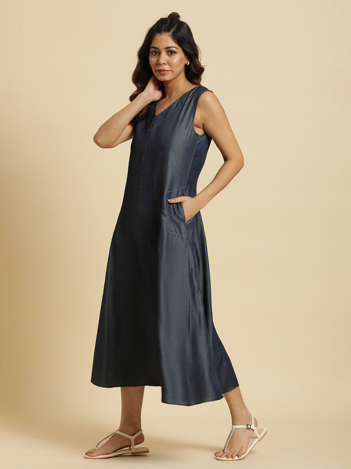 W V-Neck Denim A-Line Midi Dress