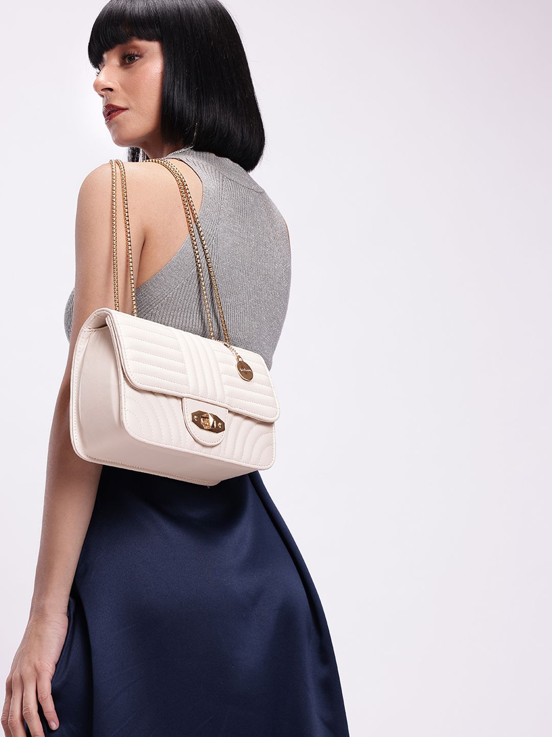 DressBerry Textured Structured Shoulder Bag with Quilted