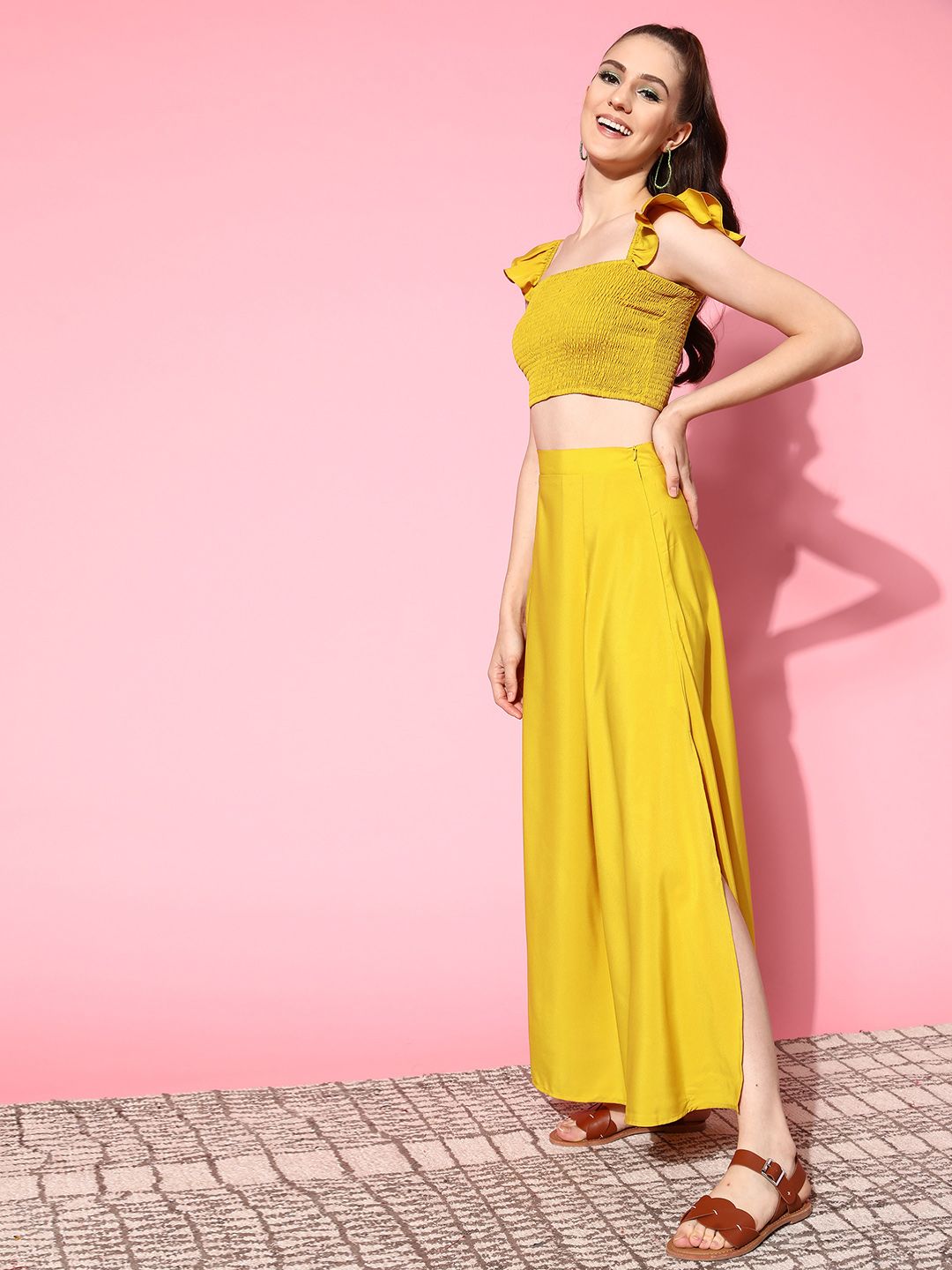 Berrylush Women Gorgeous Yellow Self-Design Top with Solid Skirt