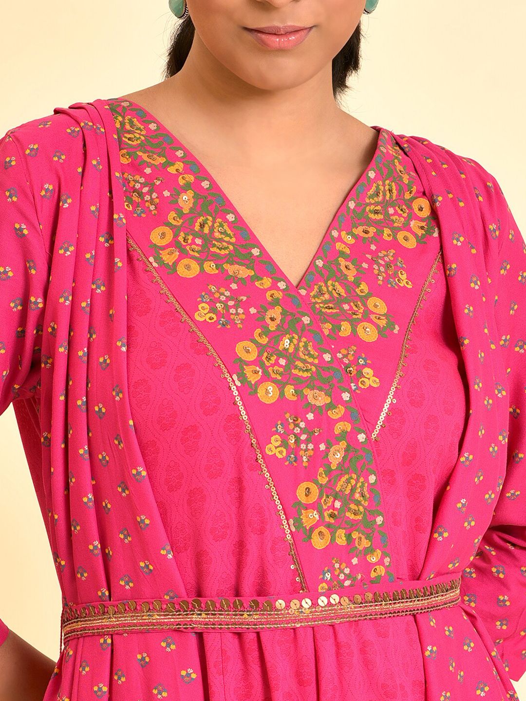 W Floral Printed V-Neck Tie & Up Jumpsuit