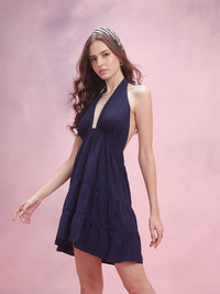 DressBerry Halter Neck Backless Crinkled Tiered A-Line Mini Dress