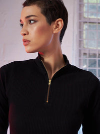 SASSAFRAS Black High Neck Long Sleeve Sheath Dress