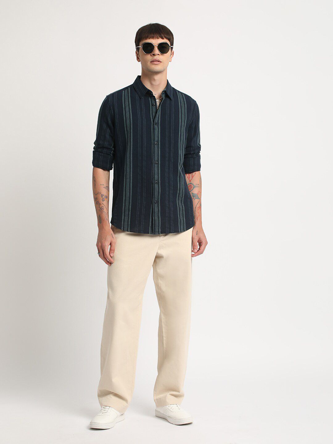 THE BEAR HOUSE Vertical Striped Slim Fit Twill Cotton Casual Shirt