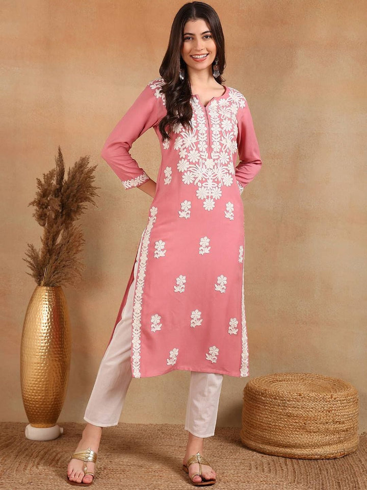 KALINI Floral Embroidered Notch Neck Chikankari Straight Kurta