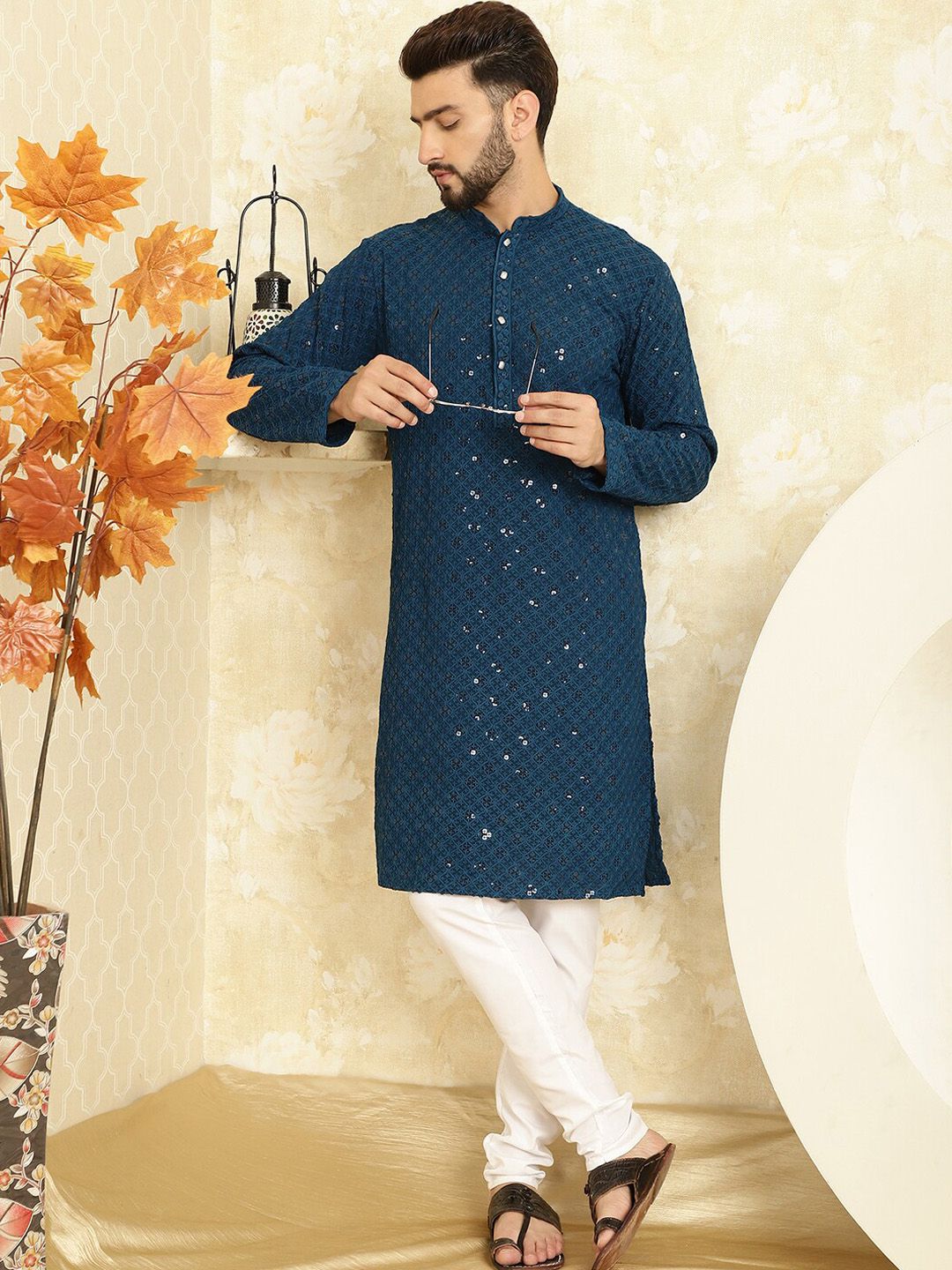 SOJANYA Embroidered Sequinned Pure Cotton Kurta with Pyjama Set