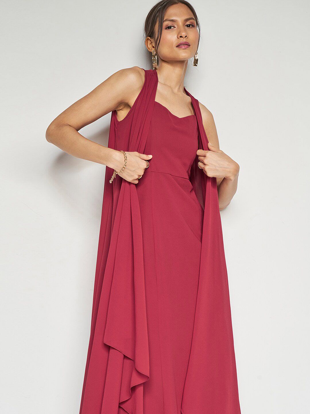 AND Halter Neck Tie-Up Detail Smocked Maxi Dress With Shrug