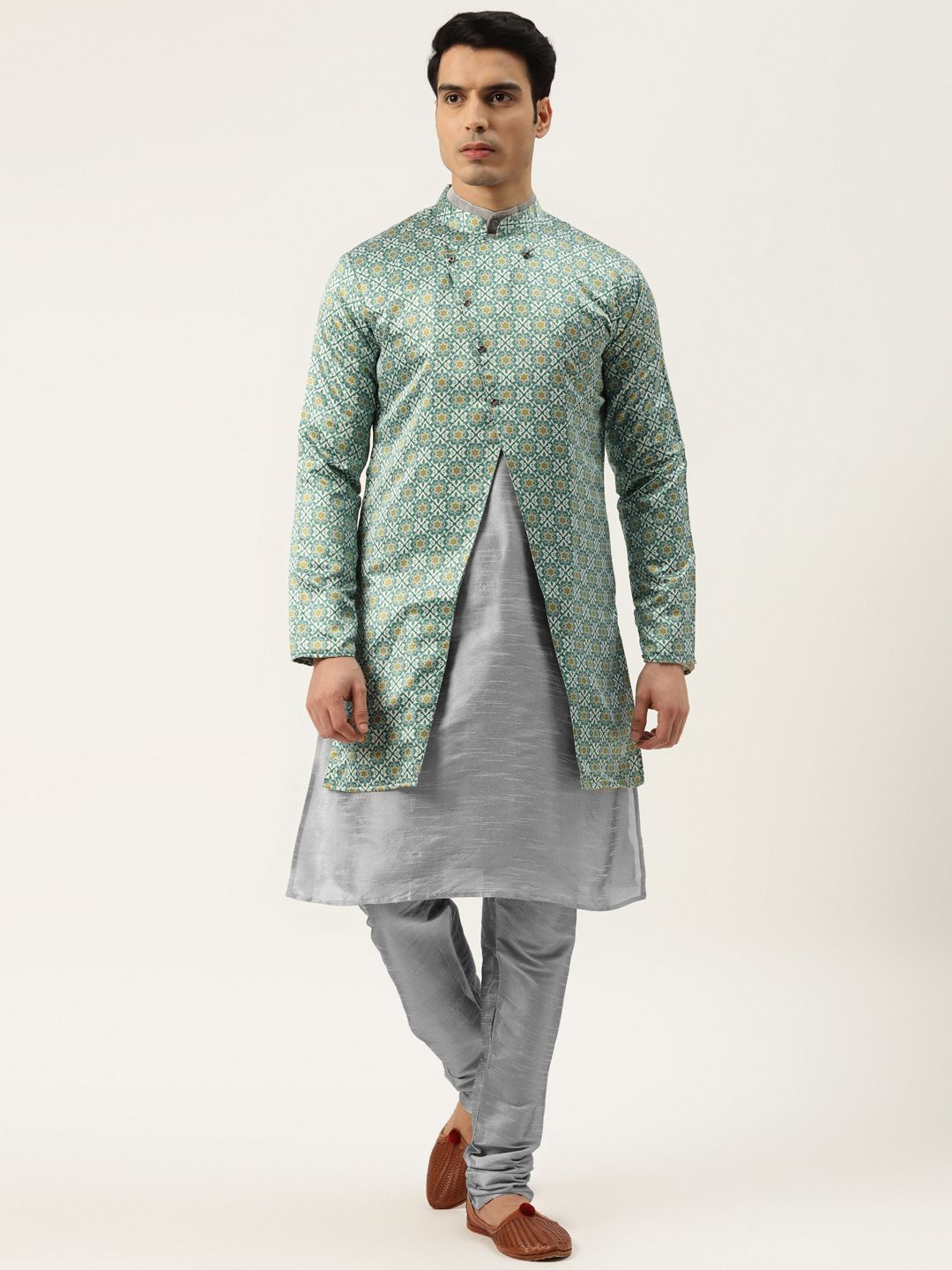 SOJANYA Men Grey & Green Solid Kurta with Churidar & Printed Jacket