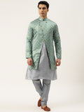 SOJANYA Men Grey & Green Solid Kurta with Churidar & Printed Jacket