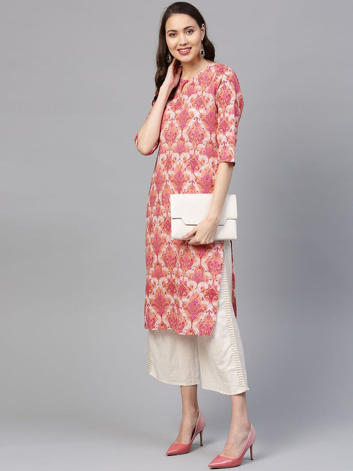 SOJANYA Women Peach-Coloured & Pink Printed Straight Kurta