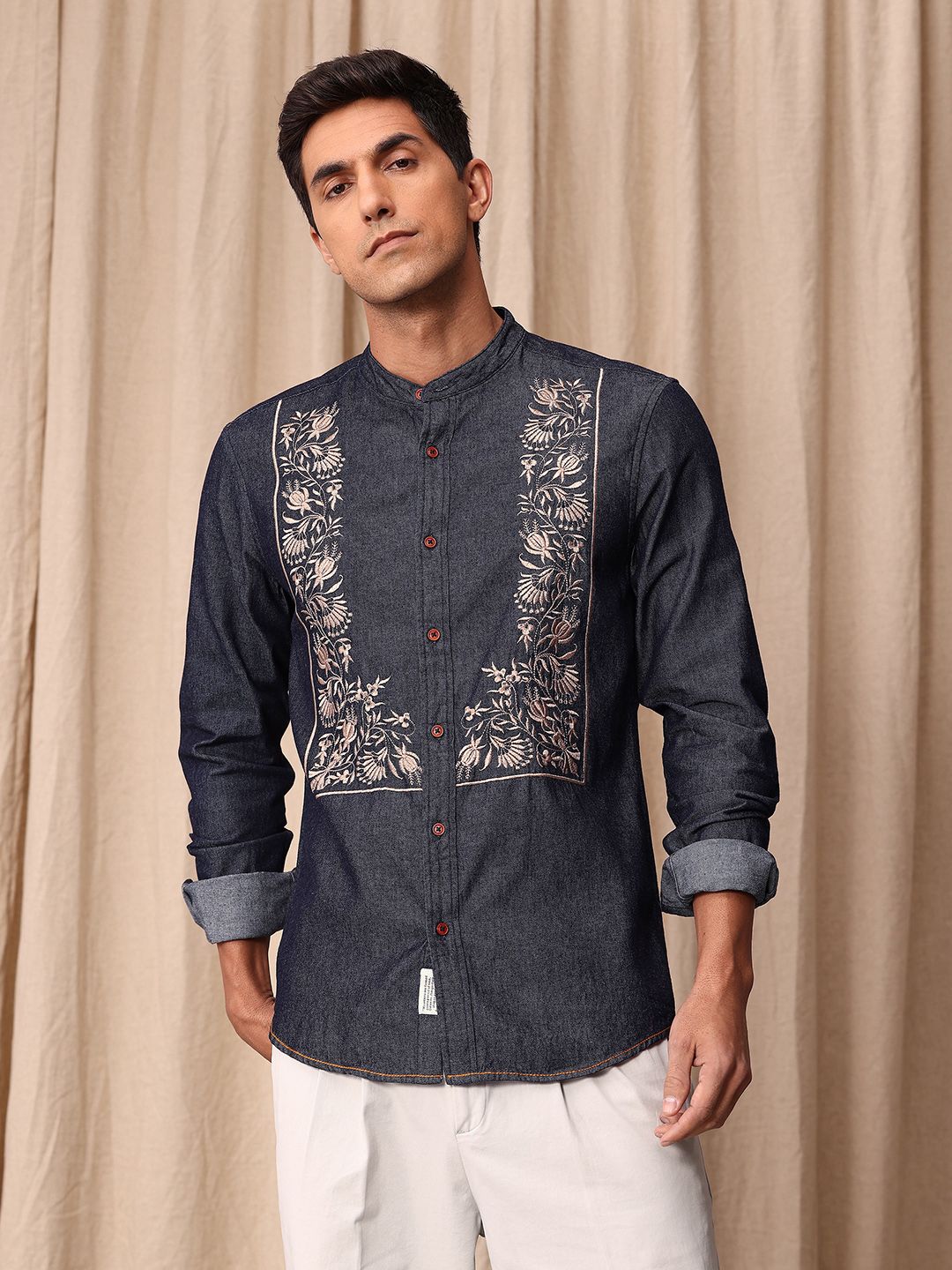 Mr Bowerbird Pure Cotton Tailored Fit Floral Embroidered Denim Casual Shirt