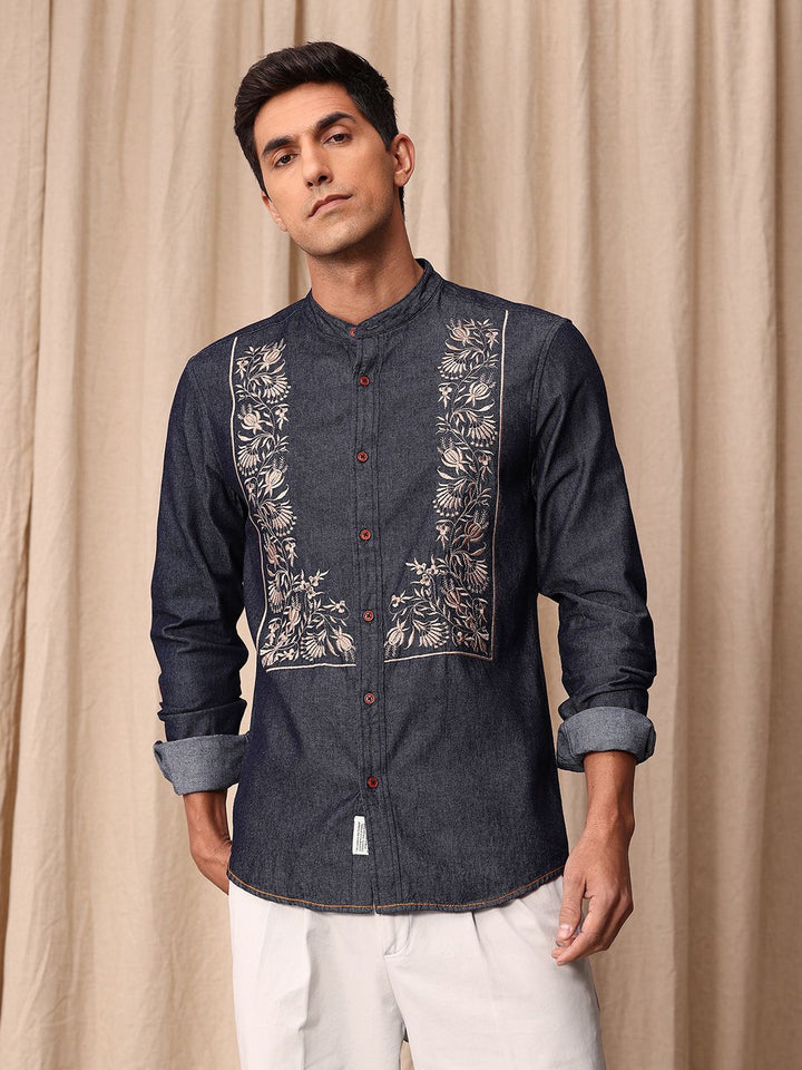 Mr Bowerbird Pure Cotton Tailored Fit Floral Embroidered Denim Casual Shirt