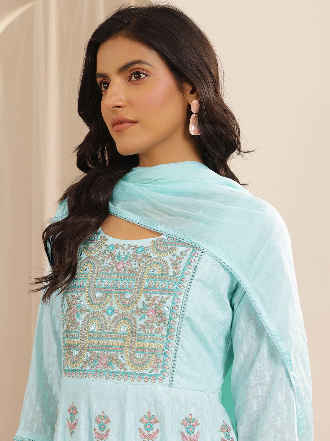 Libas Floral Embroidered Anarkali Thread Work Pure Cotton Kurta with Trousers & Dupatta