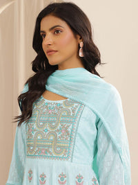 Libas Floral Embroidered Anarkali Thread Work Pure Cotton Kurta with Trousers & Dupatta