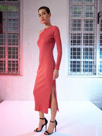 SASSAFRAS Pink Round Neck Long Sleeve Cut-Outs Sheath Midi Dress