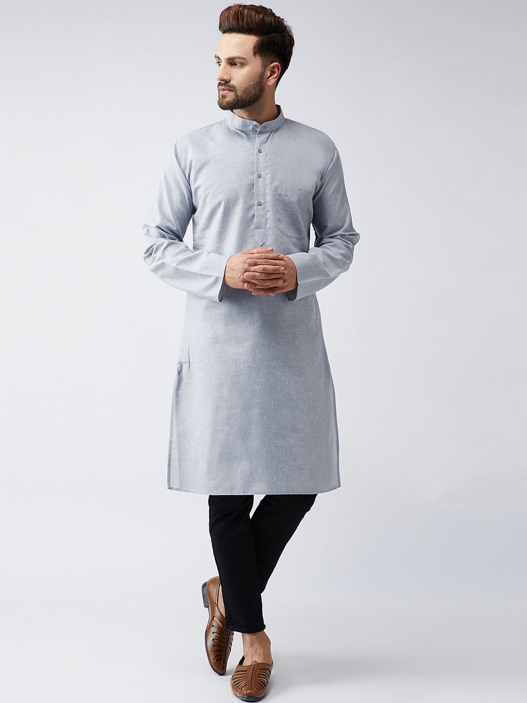 SOJANYA Men Grey Solid Straight Kurta