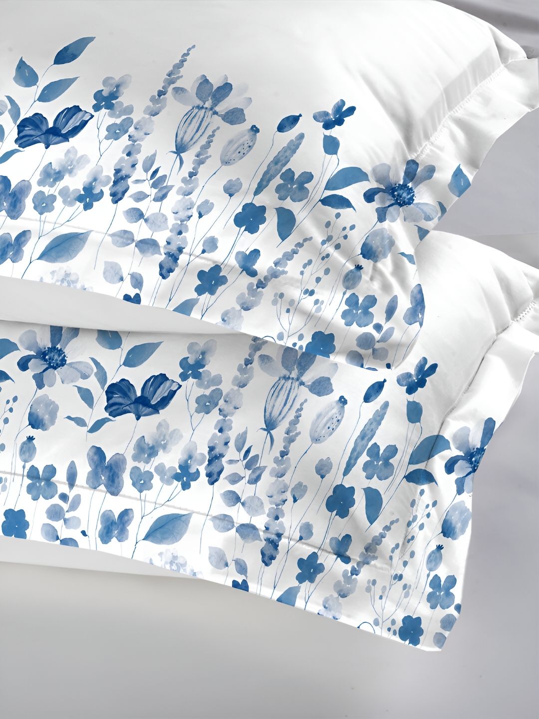 MYTRIDENT White & Blue 2 Pieces Floral Pure Cotton Rectangle Pillow Covers