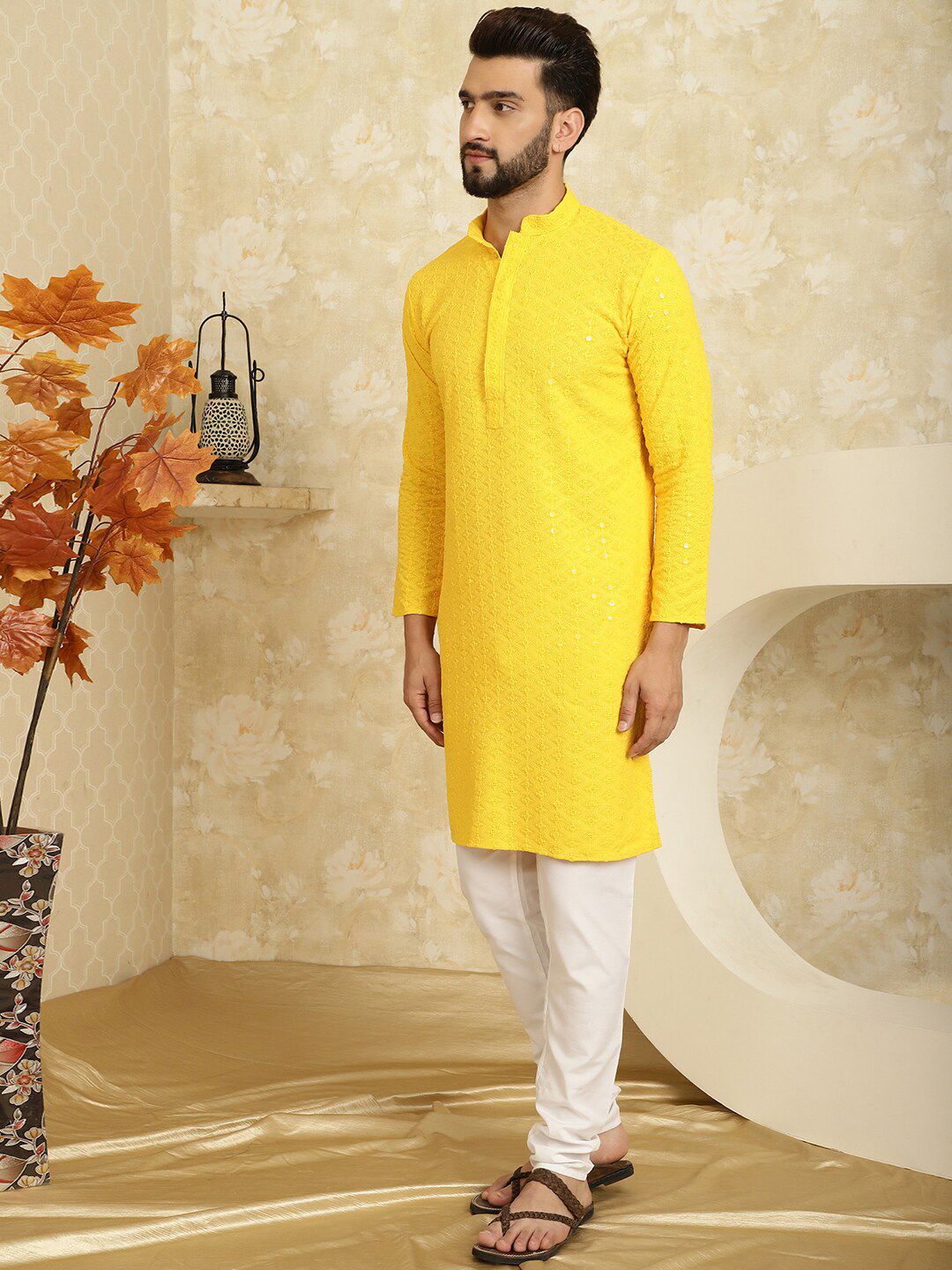 SOJANYA Ethnic Motifs Embroidered Sequined Pure Cotton Kurta with Churidar